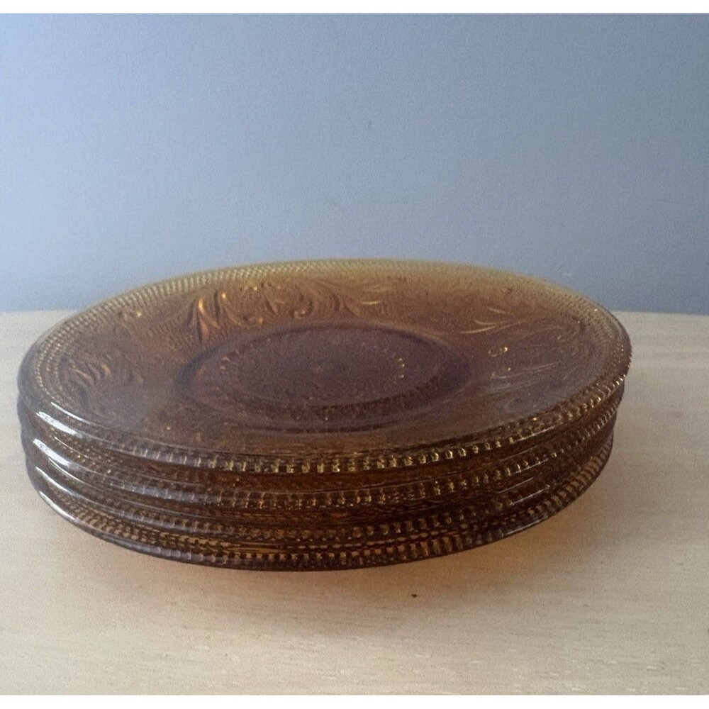 Vintage Amber Tiara Indiana Glass Sandwich 6" Saucer Plates Set Of 4 Dessert - Picture 5 of 5